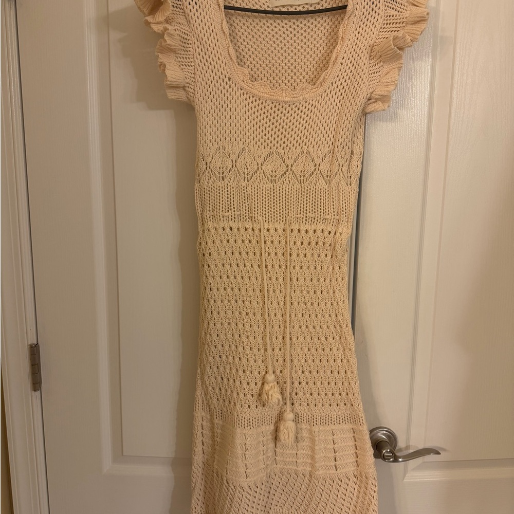 Beautiful detailed Cream Crochet with waist drawstring Dress